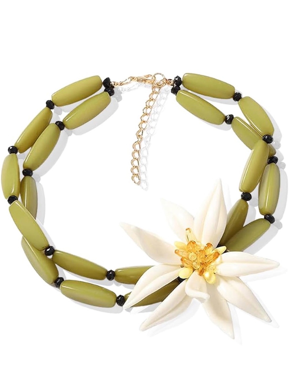 Olive Green Beaded Necklace with Cream Flower Accent